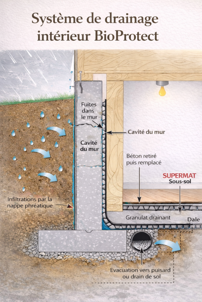 Schéma explicatif d'un sol drainant intérieur avec géotextile, gravier et drain périphérique
