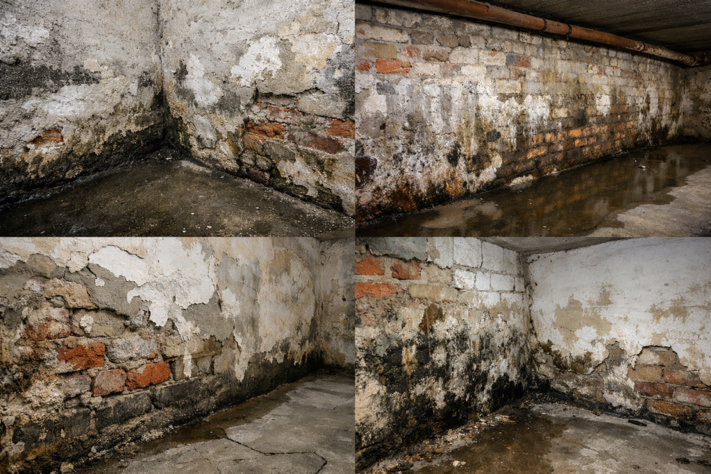 Infiltrations et humidité dans une cave avant traitement