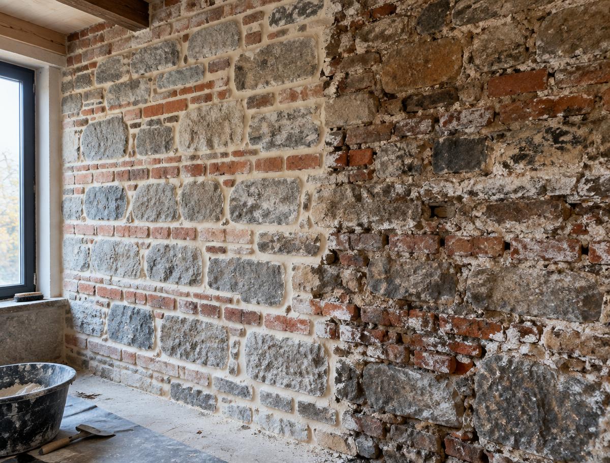 Mur ancien en pierre et brique rejointoyé au mortier de chaux